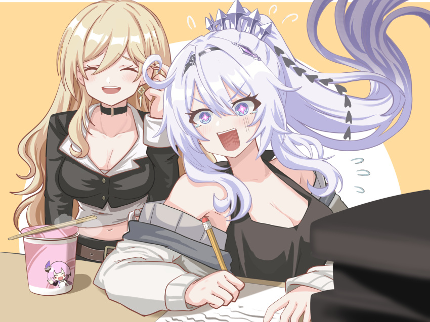 2girls ^_^ ahoge bare_shoulders bianka_durandal_ataegina black_choker black_shirt black_tank_top blonde_hair breasts choker cleavage closed_eyes commentary_request crown cup_ramen earrings elysia_(honkai_impact) elysia_(miss_pink_elf)_(honkai_impact) flying_sweatdrops happy_birthday high_ponytail highres holding holding_pencil honkai_(series) honkai_impact_3rd jewelry kiana_kaslana kiana_kaslana_(herrscher_of_finality) long_hair medium_breasts midriff multiple_girls navel off_shoulder open_mouth paper pencil shirt siblings simple_background sisters star-shaped_pupils star_(symbol) symbol-shaped_pupils tank_top teeth tsuroro_art upper_teeth_only v-shaped_eyebrows white_sleeves yellow_background