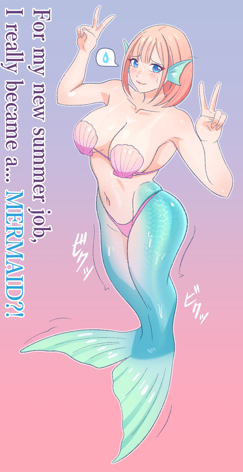 1girl absurdres bikini blue_background blue_eyes breasts cleavage collarbone commentary_request english_text fins full_body gradient_background head_fins highres kiria_ai large_breasts mermaid monster_girl monsterification navel orange_hair original pink_bikini red_background revision scales shell shell_bikini short_hair solo spoken_sweatdrop standing sweatdrop swimsuit transformation