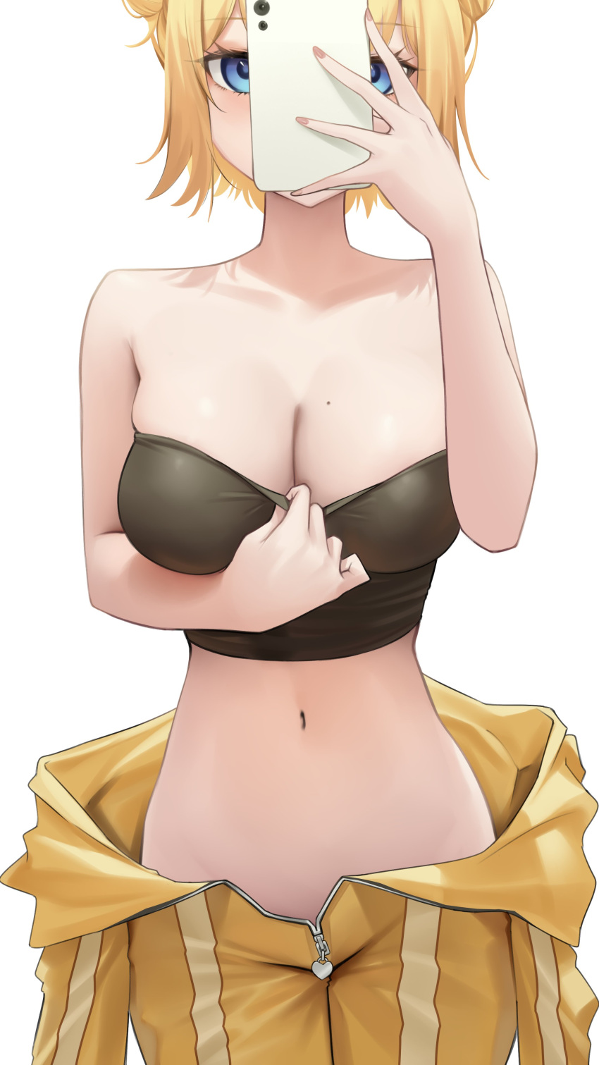 1girl absurdres blonde_hair blue_eyes breasts cellphone cleavage cowboy_shot crop_top highres holding holding_phone hololive hololive_english jumpsuit_pull large_breasts mole mole_on_breast navel phone selfie short_hair simple_background smartphone solo somebody_(leiking00) standing virtual_youtuber watson_amelia white_background