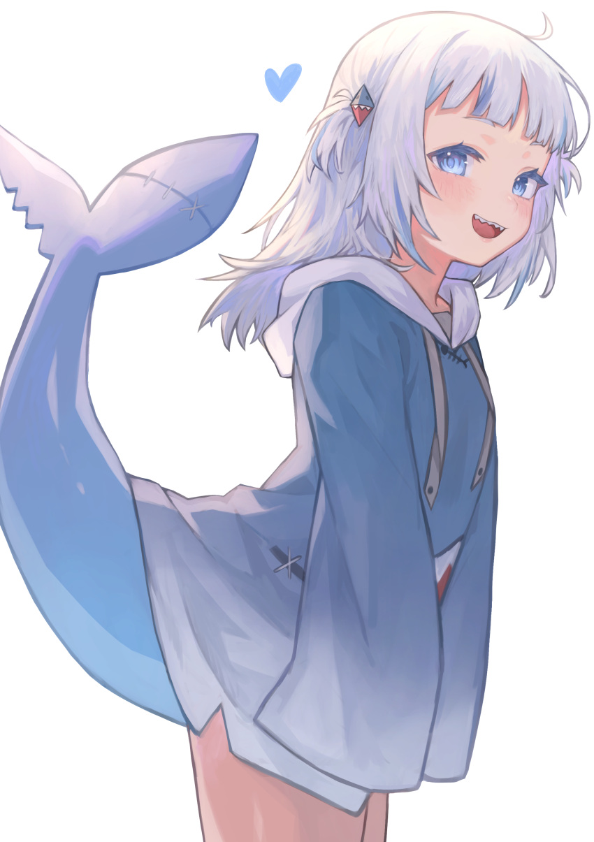 1girl absurdres bare_legs blue_eyes blue_hoodie blush commentary fins fish_tail gawr_gura gawr_gura_(1st_costume) hair_ornament heart highres hololive hololive_english hood hoodie kiwwwwwi looking_at_viewer one_side_up open_mouth shark_tail sharp_teeth short_hair simple_background sleeves_past_fingers sleeves_past_wrists smile solo tail teeth upper_teeth_only virtual_youtuber white_background white_hair