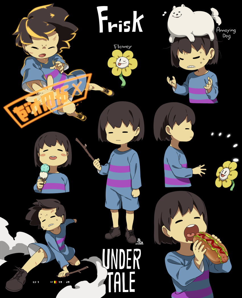 1other :| =_= absurdres androgynous animal_on_head annoying_dog arm_at_side black_background blush_stickers brown_hair cel_shading character_name child clenched_teeth closed_eyes closed_mouth commentary copyright_name cropped_torso dust_cloud eating expressionless facing_viewer flowey_(undertale) food frisk_(undertale) full_body gameplay_mechanics highres holding holding_food holding_ice_cream holding_stick hot_dog ice_cream ice_cream_cone kamezaemon multiple_views no_nose on_head open_mouth outstretched_arm profile romper short_hair simple_background smile standing stick sweat tearing_up teeth undertale upper_body