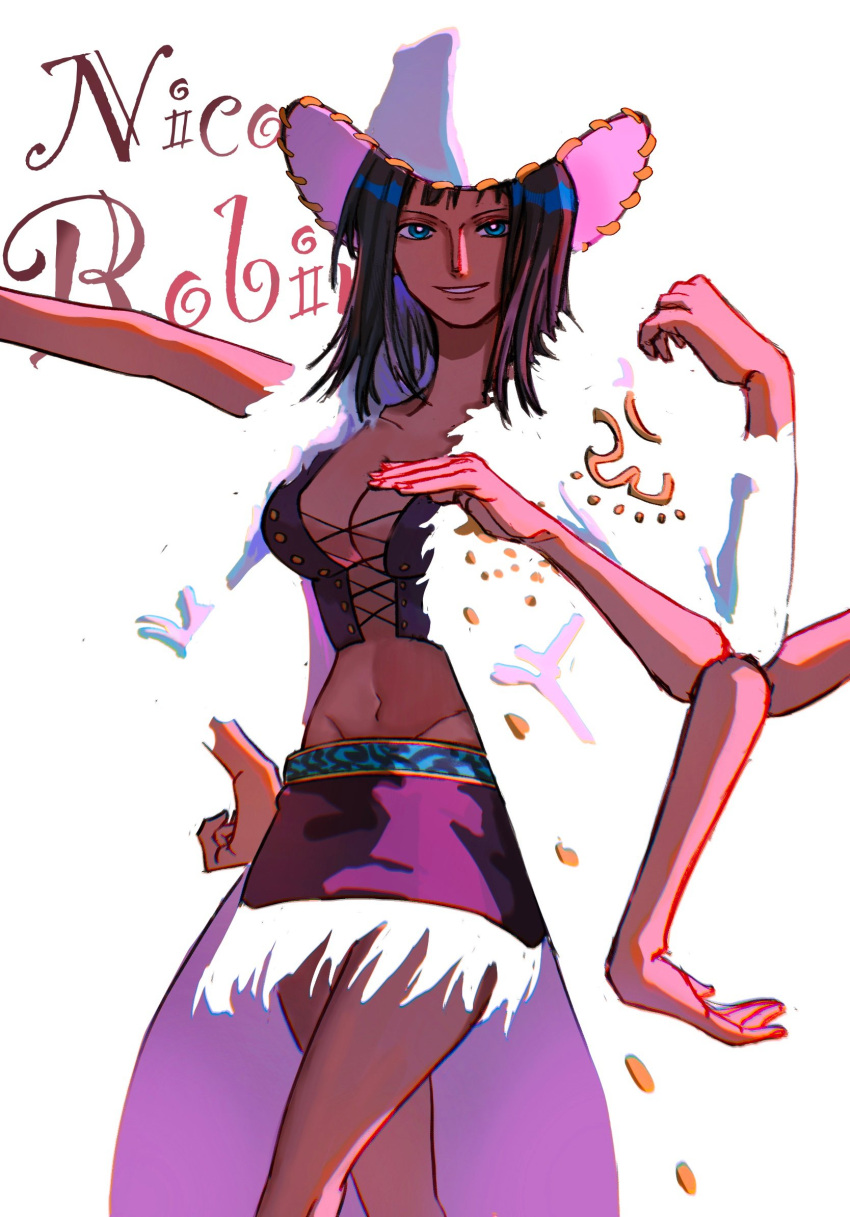 1girl black_hair blue_eyes character_name coat commentary cowboy_hat cowboy_shot crop_top cross-laced_clothes cross-laced_top extra_arms hat highres long_coat looking_at_viewer medium_hair miniskirt nico_robin one_piece petals purple_shirt shirt skirt smile solo white_background white_coat white_headwear yoki_(ricardo_blue73)