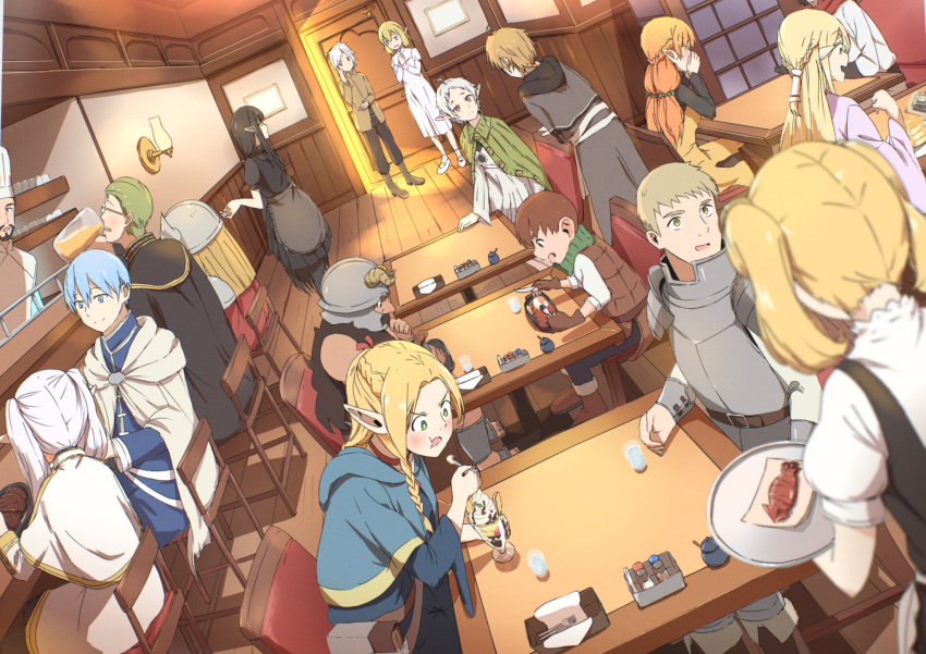 6+boys 6+girls alcohol aletta armor beard black_hair blonde_hair blue_eyes blue_hair blush brown_hair chair character_request chef chef_hat chilchuck_tims closed_mouth commentary_request copyright_request crossover drinking dungeon_meshi dwarf eating eisen_(sousou_no_frieren) elf facial_hair fake_horns food frieren green_eyes green_hair halfling hat heiter helmet highres himmel_(sousou_no_frieren) horned_helmet horns indoors isekai_ojisan isekai_shokudou kaai_yuu kuro_(isekai_shokudou) laios_thorden marcille_donato multiple_boys multiple_crossover multiple_girls mushoku_tensei on_chair open_mouth orange_hair parfait pointy_ears restaurant rudeus_greyrat senshi_(dungeon_meshi) shibazaki_yousuke sitting smile sousou_no_frieren squid standing steak sui_(isekai_ojisan) sylphiette_(mushoku_tensei) table tenshu_(isekai_shokudou) white_hair wooden_floor