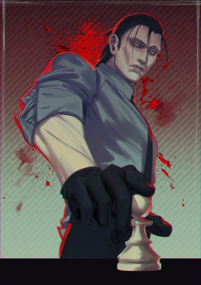 1boy 9gu_84 absurdres black_gloves black_hair blood blood_splatter chess_piece gloves highres looking_down loose_hair_strand male_focus mature_male medium_hair pawn_(chess) ponytail scar scar_on_chin scar_on_face scar_on_mouth scar_on_nose sergei_dragunov solo tekken upper_body