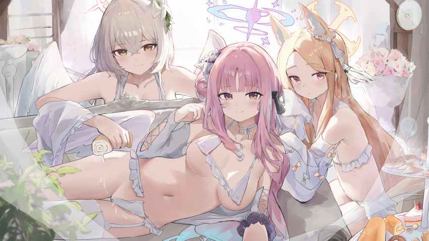 3girls absurdres angel_wings animal_ears blonde_hair blue_archive bra breasts brown_eyes cake cake_slice collarbone commentary covered_nipples detached_sleeves english_commentary feathered_wings flat_chest flower food fox_ears hair_bun hair_flower hair_ornament halo highres jsscj large_breasts light_brown_hair lingerie long_hair looking_at_viewer mika_(blue_archive) multiple_girls nagisa_(blue_archive) panties pink_hair pink_halo purple_flower seia_(blue_archive) single_side_bun single_thighhigh swiss_roll tea_party_(blue_archive) thighhighs underwear white_bra white_panties white_sleeves white_thighhighs white_wings wings yellow_eyes yellow_halo