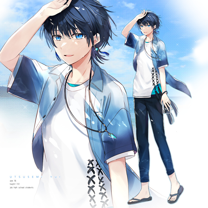 1boy black_hair blue_eyes camera collared_shirt earrings flip-flops full_body hand_on_own_forehead hand_up highres holding holding_camera ichimishiyu jewelry looking_at_viewer male_focus no_socks open_mouth original pants sandals shirt short_hair short_sleeves smile solo zoom_layer