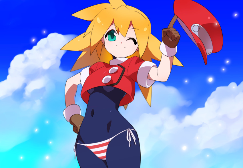 1girl black_bodysuit blonde_hair bodysuit bodysuit_under_clothes brown_gloves cloud covered_navel cropped_jacket gloves green_eyes hand_on_headwear jacket kaidou_zx medium_hair mega_man_(series) mega_man_legends_(series) one_eye_closed panties red_jacket red_panties roll_caskett_(mega_man) short_sleeves side-tie_panties sky solo striped_clothes striped_panties underwear white_panties