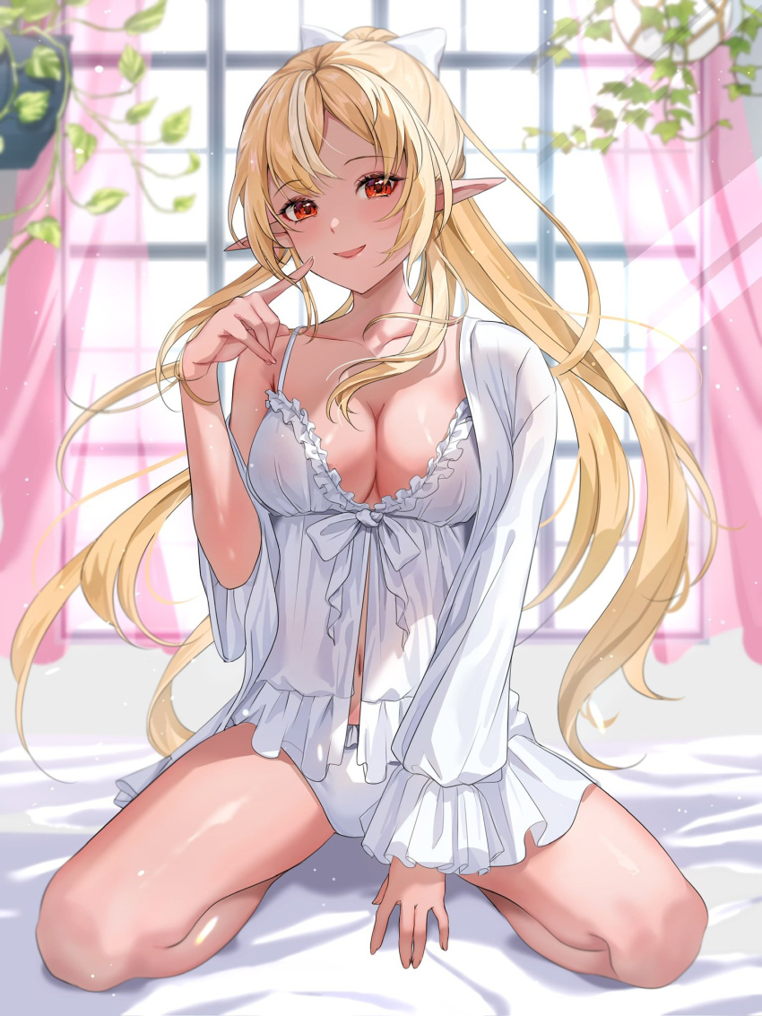 1girl :d alternate_costume bed_sheet blonde_hair blush bow breasts cleavage curtains dark-skinned_female dark_skin dot_nose frilled_sleeves frills hair_bow high_ponytail highres hololive kneeling large_breasts leaf light_particles long_hair looking_at_viewer monokawa_(iurl1z) multicolored_hair navel nightgown no_bra open_clothes open_mouth panties pointy_ears ribbon shiranui_flare sidelocks smile solo streaked_hair underwear virtual_youtuber white_bow white_nightgown white_panties white_ribbon window