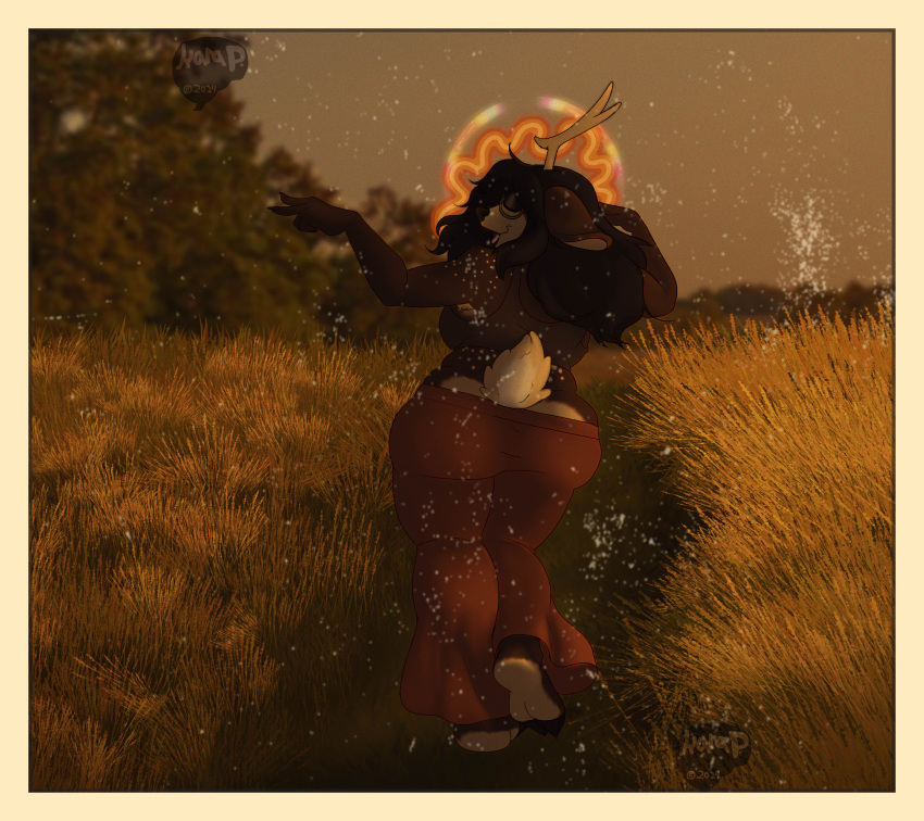 absurd_res anthro big_butt braindeadkara butt clothing deer female hi_res hippie humanoid lilac_(braindeadkara) mammal nature nature_background psychedelic solo tail thick_thighs