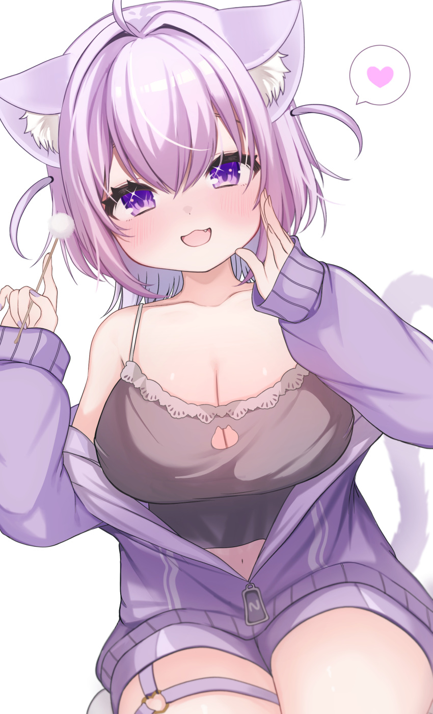 1girl absurdres ahoge animal_ear_fluff animal_ears black_camisole blush breasts camisole cat_ears cat_girl cat_tail cleavage cleavage_cutout clothing_cutout heart highres hololive jacket large_breasts medium_hair mimikaki navel nekomata_okayu nekomata_okayu_(7th_costume) o-ring o-ring_thigh_strap official_alternate_costume oguraponti open_clothes open_jacket open_mouth purple_eyes purple_hair purple_jacket purple_shorts shorts smile solo spoken_heart tail thigh_strap two_side_up virtual_youtuber zipper zipper_pull_tab