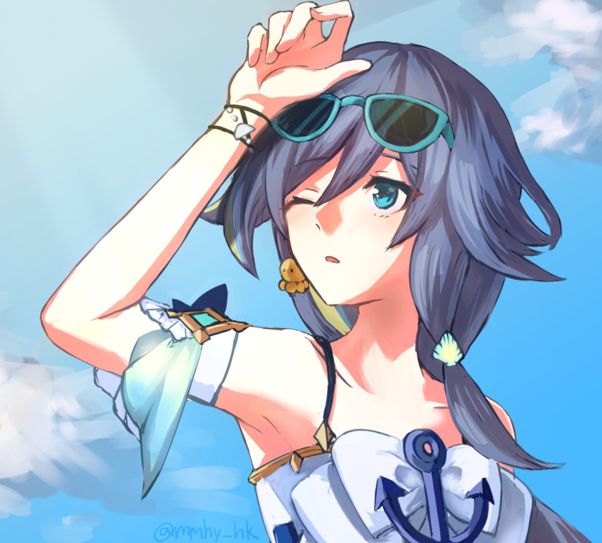 1girl armpits bikini blonde_hair blue_background blue_bow blue_eyes blue_hair blue_sky bow cloud cloudy_sky eyewear_on_head fu_hua fu_hua_(seagull's_soar) fu_hua_(shadow_knight) grey_hair hair_between_eyes hand_on_own_head honkai_(series) honkai_impact_3rd long_hair looking_up low-tied_long_hair low_ponytail mmhy_hk official_alternate_costume one_eye_closed ponytail sky sleeveless solo sunglasses swimsuit white_bikini white_swimsuit