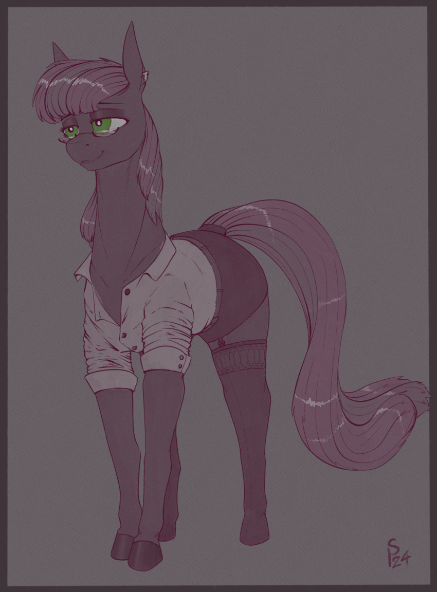 2024 bottomwear cheerilee_(mlp) clothed clothing digital_media_(artwork) ear_piercing earth_pony equid equine eyewear female feral friendship_is_magic glasses green_eyes hair hasbro hi_res horse legwear mammal mature_female multicolored_hair my_little_pony piercing pony shirt simple_background skirt smile solo stockings stray_prey tail topwear two_tone_hair unbuttoned_shirt