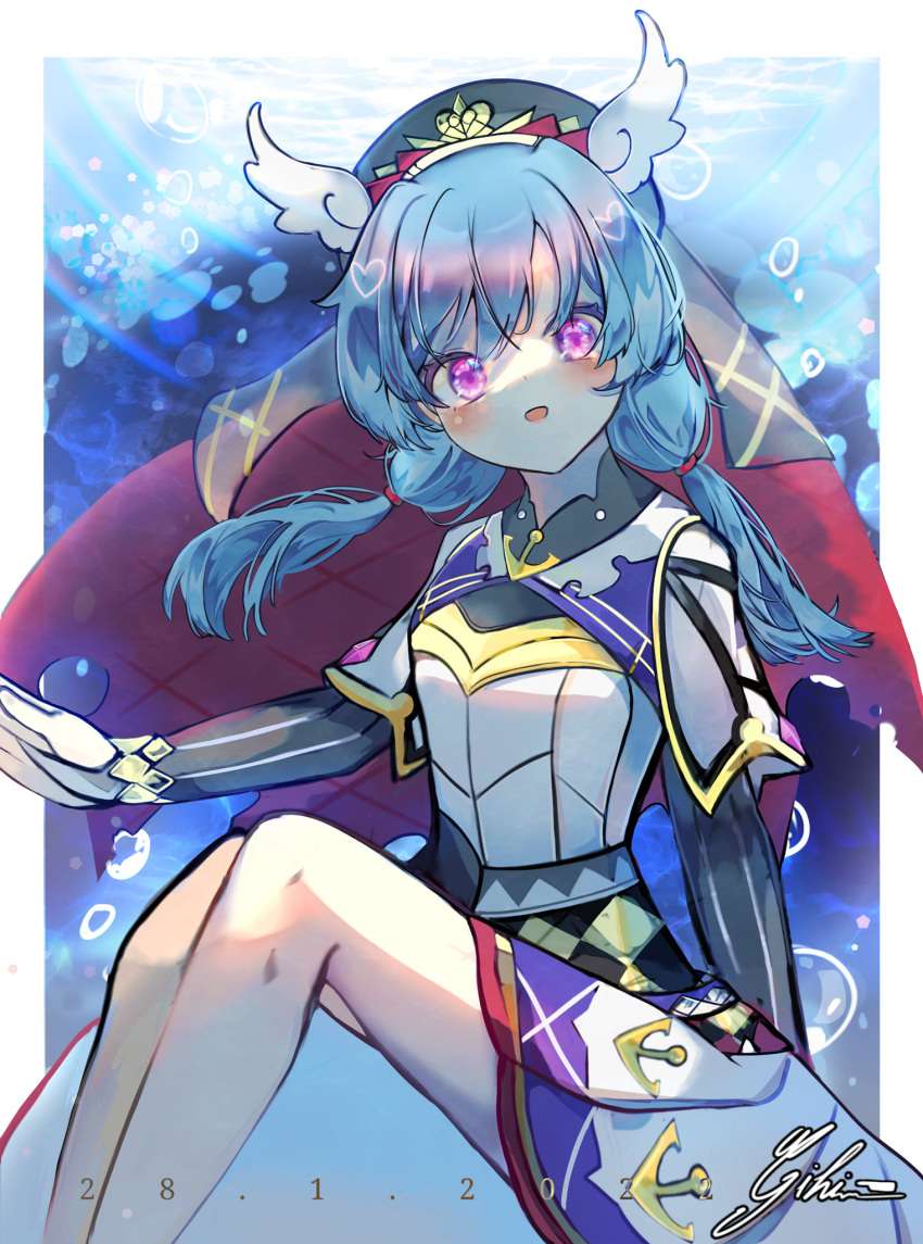 anchor_symbol aqua_background armor blue_hair blush bubble chest_armor gihikioku hai_quy hat highres indie_virtual_youtuber looking_at_viewer medium_hair open_mouth purple_eyes shoulder_armor sitting smile twintails underwater winged_hat