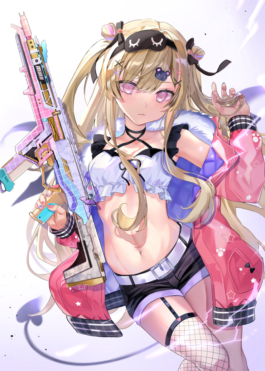 1girl absurdres bear_hair_ornament belt black_bow black_mask black_shorts blonde_hair bow breasts character_name closed_mouth commission demon_tail fur-trimmed_jacket fur_trim gun hair_bow hair_bun hair_ornament highres holding holding_gun holding_weapon indie_virtual_youtuber jacket long_hair midriff multicolored_hair navel paw_print pink_eyes pink_hair pink_jacket pink_nails piyokuma pocket purple_nails rifle shadow shorts single_fishnet_legwear single_thighhigh skeb_commission sleep_mask solo star_(symbol) streaked_hair tail thighhighs twintails two-tone_nails virtual_youtuber weapon white_belt x_hair_ornament yumeno_mira