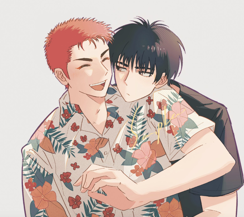 2boys black_eyes black_hair blush closed_eyes couple grey_background hawaiian_shirt head_on_another's_shoulder heduel highres looking_at_another male_focus multiple_boys red_hair rukawa_kaede sakuragi_hanamichi shirt short_hair simple_background slam_dunk_(series) smile upper_body yaoi