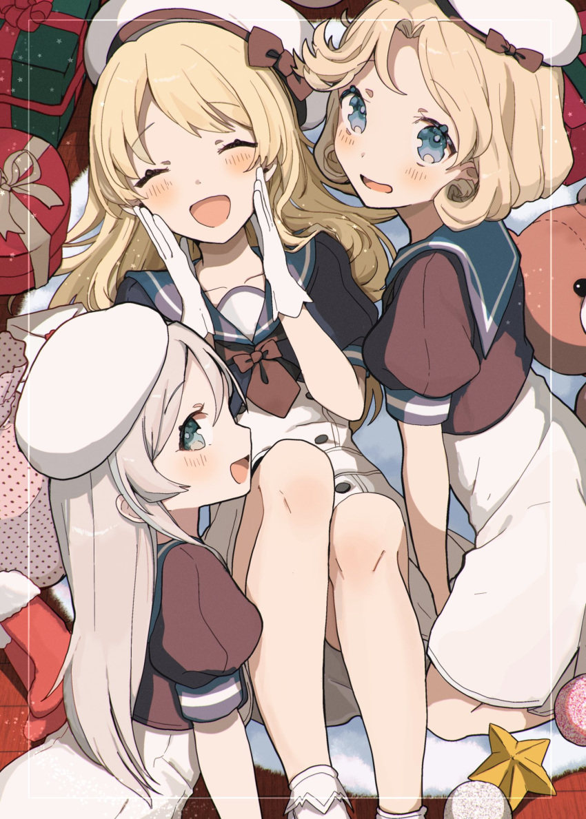 3girls black_neckerchief blonde_hair blue_eyes blue_sailor_collar blush box christmas christmas_stocking closed_eyes dress gift gift_box gloves grey_hair hat highres janus_(kancolle) javelin_(kancolle) jervis_(kancolle) kantai_collection long_hair multiple_girls neckerchief open_mouth sailor_collar sailor_dress shamomo short_hair short_sleeves star_(symbol) stuffed_animal stuffed_toy teddy_bear white_gloves white_headwear