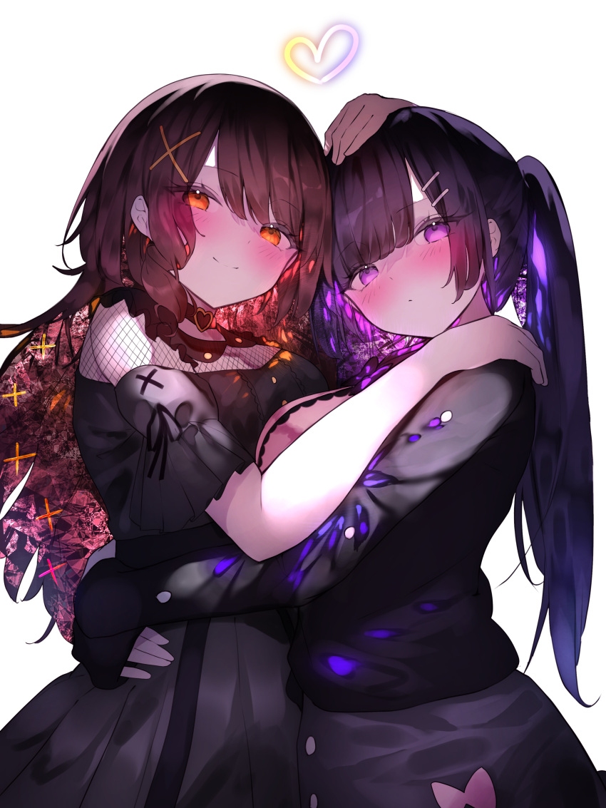 2girls absurdres black_choker black_dress black_hair blush breasts choker cleavage closed_mouth colored_inner_hair commission cowboy_shot dress fishnets hair_ornament hairpin hand_on_another's_head hand_on_another's_hip hand_on_another's_shoulder head_tilt heart heart_choker highres hug large_breasts long_hair long_sleeves looking_at_viewer multicolored_hair multiple_girls orange_eyes original pixiv_commission ponytail purple_eyes purple_hair red_hair simple_background sleeves_past_wrists smile standing two-tone_hair w_(w64851564) white_background x x_hair_ornament yuri