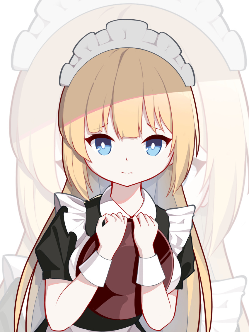 1girl blonde_hair blue_eyes highres jianzu karuizawa_kei long_hair looking_at_viewer maid maid_headdress plate_carrier puffy_short_sleeves puffy_sleeves short_sleeves solo two-tone_dress upper_body youkoso_jitsuryoku_shijou_shugi_no_kyoushitsu_e