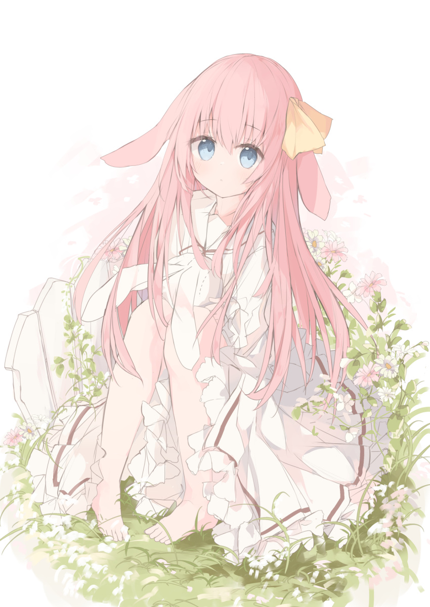 1girl :o animal_ears barefoot blue_eyes blush commentary_request dress fence flower frilled_dress frills hair_between_eyes hair_ribbon highres knees_up kushida_you long_hair looking_at_viewer original parted_lips pigeon-toed pink_flower pink_hair rabbit_ears ribbon sailor_collar sailor_dress sitting solo stuffed_animal stuffed_rabbit stuffed_toy very_long_hair white_dress white_flower white_sailor_collar wooden_fence yellow_ribbon