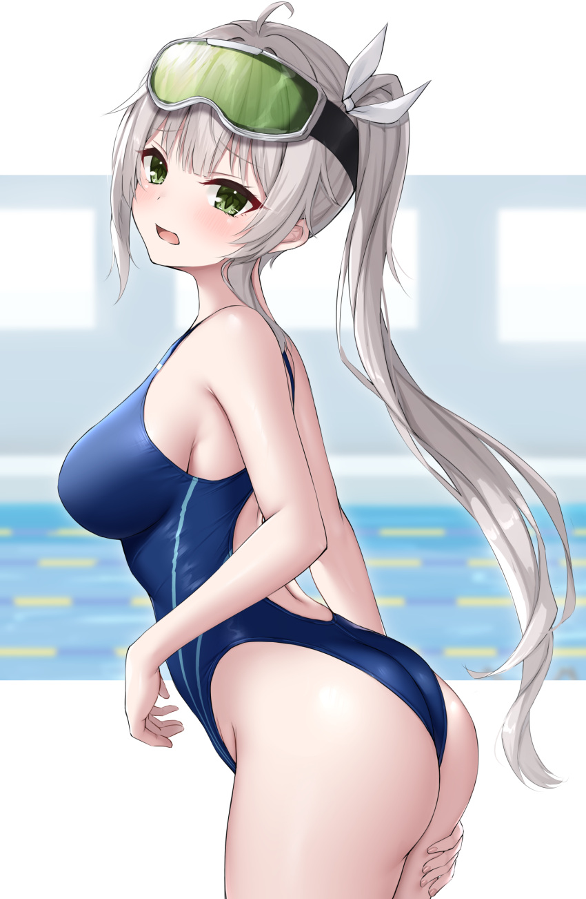 1girl absurdres ahoge ass blue_one-piece_swimsuit breasts commission competition_swimsuit cowboy_shot diving_mask diving_mask_on_head goggles goggles_on_head green_eyes grey_hair highleg highleg_swimsuit highres indie_virtual_youtuber kotoha_rimu lane_line long_hair medium_breasts ncontrail_(mgax7527) one-piece_swimsuit open_mouth pool sideboob skeb_commission solo swimsuit twintails virtual_youtuber