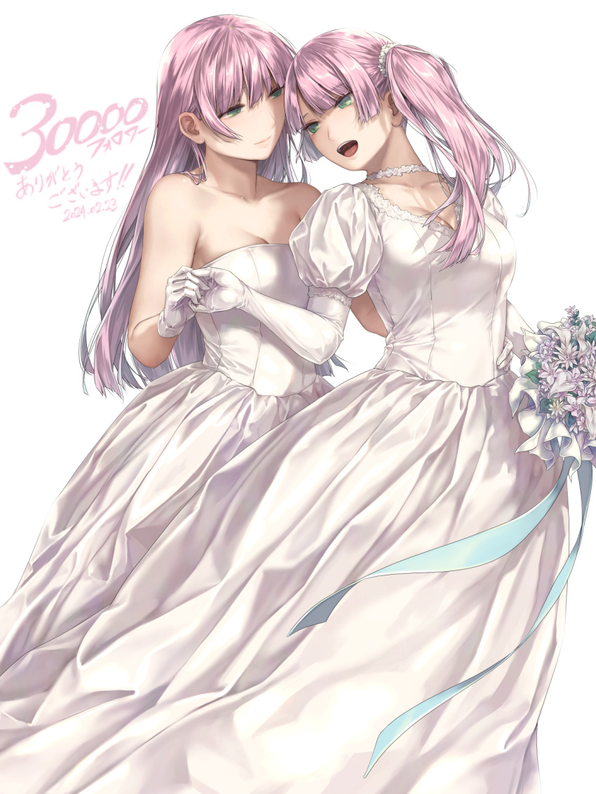 2girls bare_shoulders bouquet breasts choker cleavage closed_mouth collarbone commentary_request dress gloves green_eyes hand_on_another's_waist highres holding holding_bouquet holding_hands juliet_sleeves long_hair long_sleeves looking_at_another medium_breasts multiple_girls open_mouth original pink_hair puffy_sleeves side_ponytail simple_background strapless strapless_dress takekawa_shin teeth translation_request upper_teeth_only wedding_dress white_background white_choker white_dress white_gloves wife_and_wife yuri
