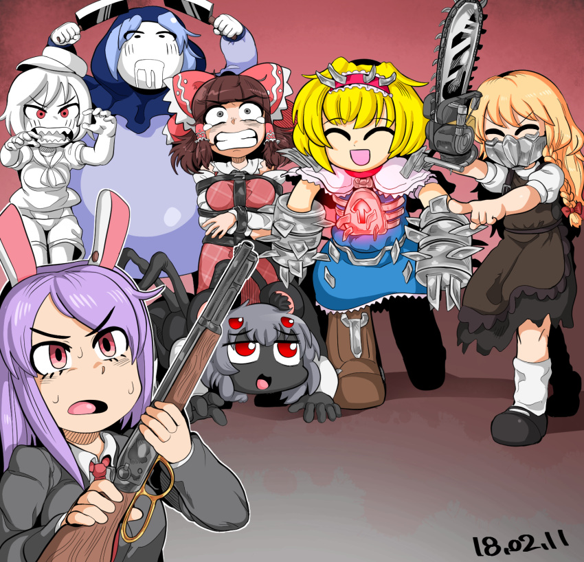 :d algodoo animal_ears black_jacket blonde_hair blue_dress blue_hood blunt_bangs boots bow breasts brown_footwear chainsaw cleaver clenched_teeth closed_eyes collared_shirt colored_skin commentary_request cookie_(touhou) dated detached_sleeves dress dual_wielding fleshpound flour_(cookie) full_body grey_eyes gun hair_bow hakurei_reimu highres hisui_(cookie) holding holding_gun holding_weapon hood hood_up ichigo_(cookie) jacket killing_floor kirisame_marisa kumoi_ichirin long_hair long_sleeves looking_at_another mask medium_bangs medium_breasts milk_(cookie) mouth_mask murasa_minamitsu nazrin nyon_(cookie) open_mouth purple_hair rabbit_ears rabbit_girl red_bow red_eyes reisen_udongein_inaba rurima_(cookie) scrake shirt short_hair shorts sidelocks smile standing suzu_(cookie) teeth tetugakuzonbi touhou v-shaped_eyebrows weapon white_headwear white_shirt white_shorts white_skin