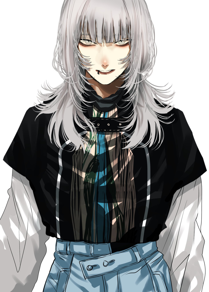 1girl aegyo_sal black_shirt blue_pants grey_hair highres hoshi_san_3 layered_sleeves lip_piercing long_hair long_sleeves looking_at_viewer original pants parted_lips piercing shirt short_over_long_sleeves short_sleeves simple_background solo upper_body white_background white_hair wolf_cut