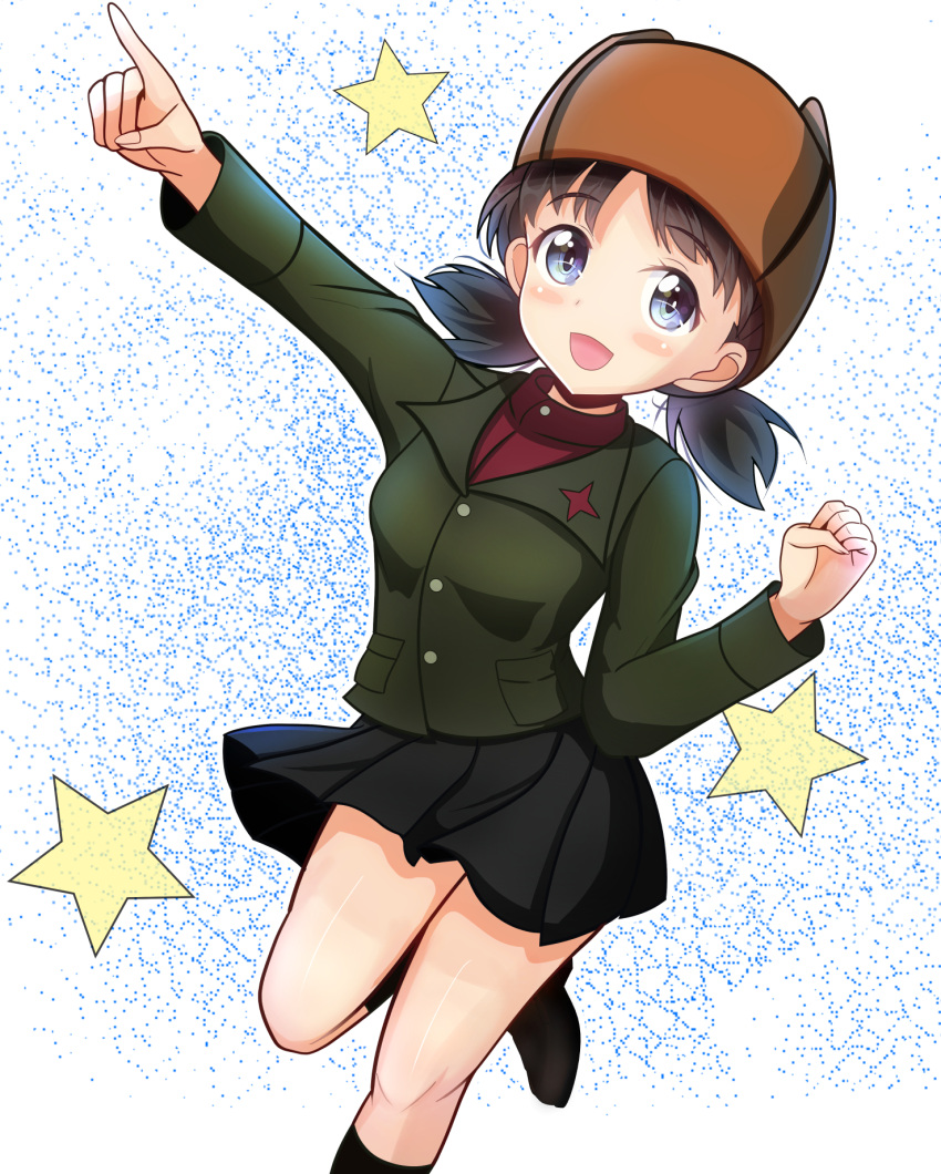 1girl black_skirt blue_eyes blush_stickers breasts girls_und_panzer hat highres kumaisao looking_at_viewer military_uniform miniskirt nina_(girls_und_panzer) open_mouth pravda_military_uniform short_hair simple_background skirt small_breasts smile solo star_(symbol) twintails uniform