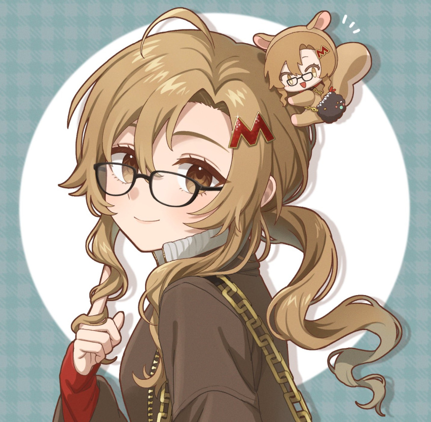 1girl ahoge black-framed_eyewear blue_background brown_eyes brown_hair brown_jacket character_doll circle closed_mouth doll_on_head from_side glasses grey_sweater hair_twirling hand_in_own_hair hand_up highres index_finger_raised jacket long_hair looking_at_viewer low_ponytail melania_(reverse:1999) ms._acey panri playing_with_own_hair portrait reverse:1999 sidelocks smile solo sweater turtleneck turtleneck_sweater two-tone_background white_background