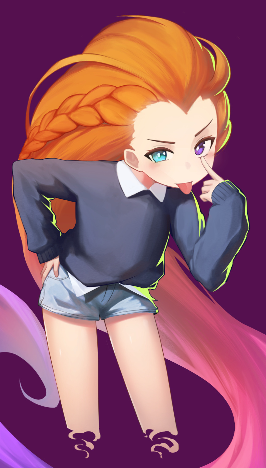 1girl :p akanbe braid eyelid_pull hand_on_own_hip highres league_of_legends long_hair long_sleeves looking_at_viewer orange_hair short_shorts shorts tana_m thighs tongue tongue_out very_long_hair zoe_(league_of_legends)