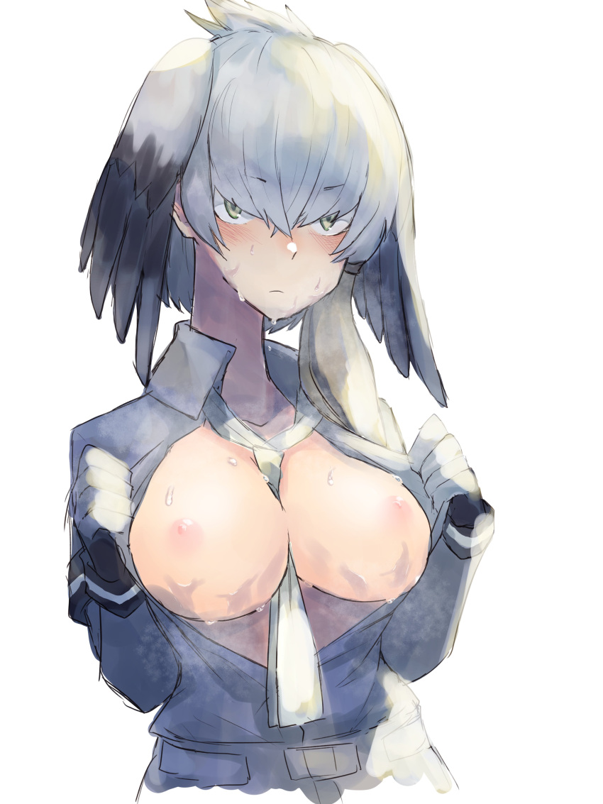 1girl absurdres between_breasts bird_wings blonde_hair blush bodystocking breasts closed_mouth collared_shirt cropped_torso crossed_bangs fingerless_gloves flashing gloves green_eyes grey_hair grey_shirt hair_between_eyes hands_up head_wings highres kaku_(drawing_twi) kemono_friends long_bangs long_hair medium_breasts necktie necktie_between_breasts nipples no_bra open_clothes open_shirt shirt shoebill_(kemono_friends) side_ponytail solo sweat upper_body white_necktie wing_collar wings