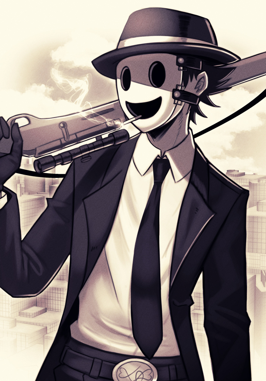 1boy absurdres belt_buckle bolt_action buckle cigarette collared_shirt gloves gun highres holding holding_gun holding_weapon long_sleeves male_focus mask monochrome necktie over_shoulder rifle sepia shirt shirt_tucked_in short_hair silverchariotx sniper_mask_(tenkuu_shinpan) sniper_rifle solo suit tenkuu_shinpan trilby upper_body weapon weapon_over_shoulder weapon_request