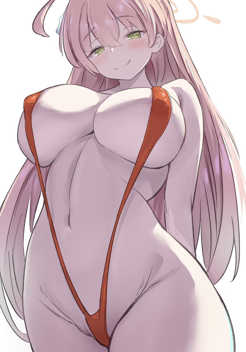 1girl absurdres ahoge areola_slip bare_arms bare_legs bare_shoulders blue_archive blush breasts closed_mouth cowboy_shot green_eyes groin hanako_(blue_archive) highres large_breasts long_hair metsu_end navel pink_hair red_slingshot_swimsuit simple_background smile solo white_background