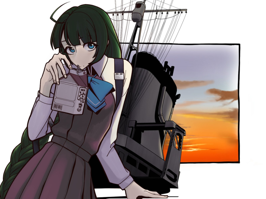 1girl ahoge blue_bow blue_bowtie blue_eyes bow bowtie braid carton cloud dress drinking_straw drinking_straw_in_mouth highres holding_carton kantai_collection long_hair long_sleeves looking_at_viewer mole mole_under_mouth mutagimi outdoors purple_dress rigging school_uniform shirt single_braid sky solo sunset very_long_hair white_shirt yuugumo_(kancolle)