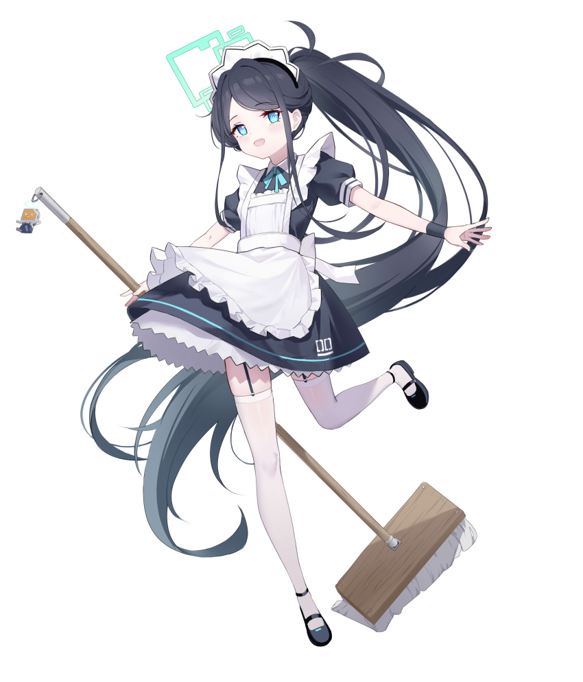 1girl absurdres apron aris_(blue_archive) aris_(maid)_(blue_archive) black_dress black_hair blue_archive blue_bow blue_eyes blue_halo bow broom byx collared_shirt dress frilled_apron frills garter_straps halo highres holding holding_broom long_hair looking_at_viewer maid maid_apron maid_headdress mary_janes open_mouth parted_bangs ponytail shirt shoes short_sleeves sidelocks simple_background solo standing standing_on_one_leg thighhighs thighs very_long_hair white_background white_thighhighs zettai_ryouiki