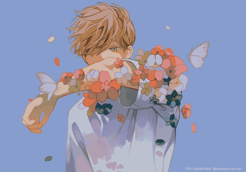 1boy bishounen blue_background blue_flower bug butterfly cognacbear covering_face falling_petals flower green_eyes hair_over_eyes highres light_brown_hair male_focus messy_hair original petals red_flower shaded_face shirt short_hair short_sleeves simple_background solo twitter_username upper_body white_shirt