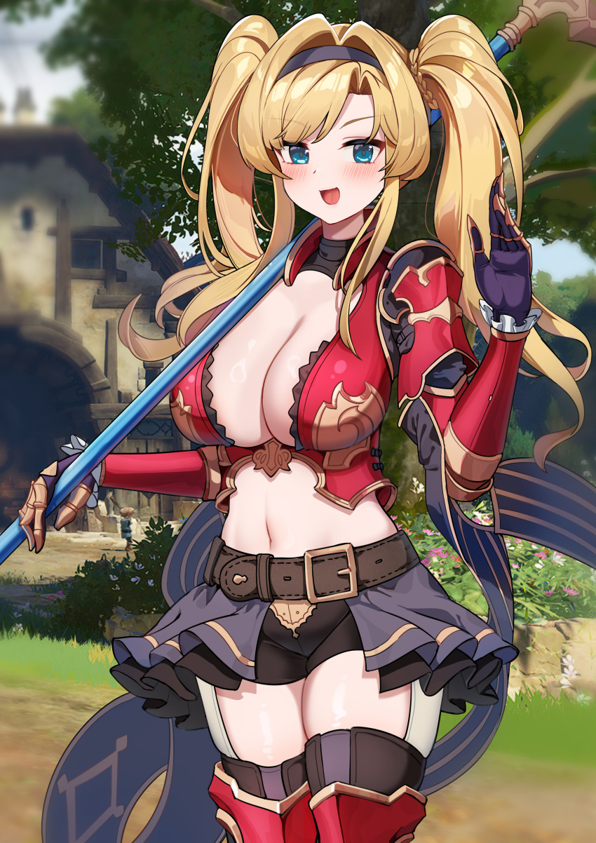 1girl absurdres armor belt bike_shorts black_gloves black_shirt black_shorts black_skirt black_thighhighs blonde_hair blue_eyes boobplate bracer breasts claw_ring cleavage cleavage_cutout clothing_cutout cowboy_shot crop_top day dishui_tangni gloves granblue_fantasy greaves hairband hand_up highres holding holding_polearm holding_weapon large_breasts long_hair looking_at_viewer midriff miniskirt navel open_mouth outdoors pleated_skirt polearm shirt short_shorts shorts shorts_under_skirt shoulder_guard showgirl_skirt skirt smile solo standing stomach thighhighs thighs twintails undershirt weapon zeta_(granblue_fantasy)