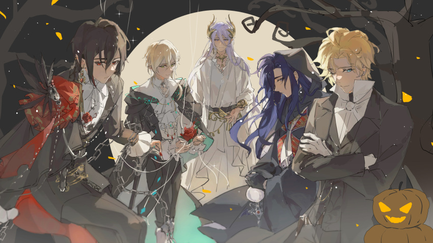 5boys :/ :| ;) absurdres alkaid_mcgrath ascot ayn_alwyn bare_tree black_cape black_coat black_gloves black_hair black_jacket black_pants black_robe black_sash black_vest blonde_hair blue_eyes blue_hair bow bowtie cael_anselm cane cape chain circlet clarence_clayden closed_mouth coat collared_shirt commentary cowboy_shot cross-laced_clothes crossed_arms crossed_legs curtained_hair dark_blue_hair earrings expressionless falling_petals feathers feet_out_of_frame flower frilled_sleeves frills full_moon gloves hair_between_eyes hair_ornament highres holding holding_cane holding_flower hood hood_up hooded_robe hryc2344 jack-o'-lantern jacket jewelry lapels lars_rorschach light_particles long_bangs long_hair long_sleeves looking_at_viewer lovebrush_chronicles male_focus medium_hair mole mole_under_eye monocle moon multiple_boys necklace notched_lapels one_eye_closed pants parted_bangs parted_lips petals pointy_ears popped_collar puppet_strings purple_eyes red_cape red_eyes red_flower red_rose robe rose sash shirt short_hair side_cape single_earring sitting smile standing symbol-only_commentary tassel tassel_earrings tree two-sided_cape two-sided_fabric vest white_ascot white_bow white_bowtie white_gloves white_hair white_robe white_shirt wide_sleeves