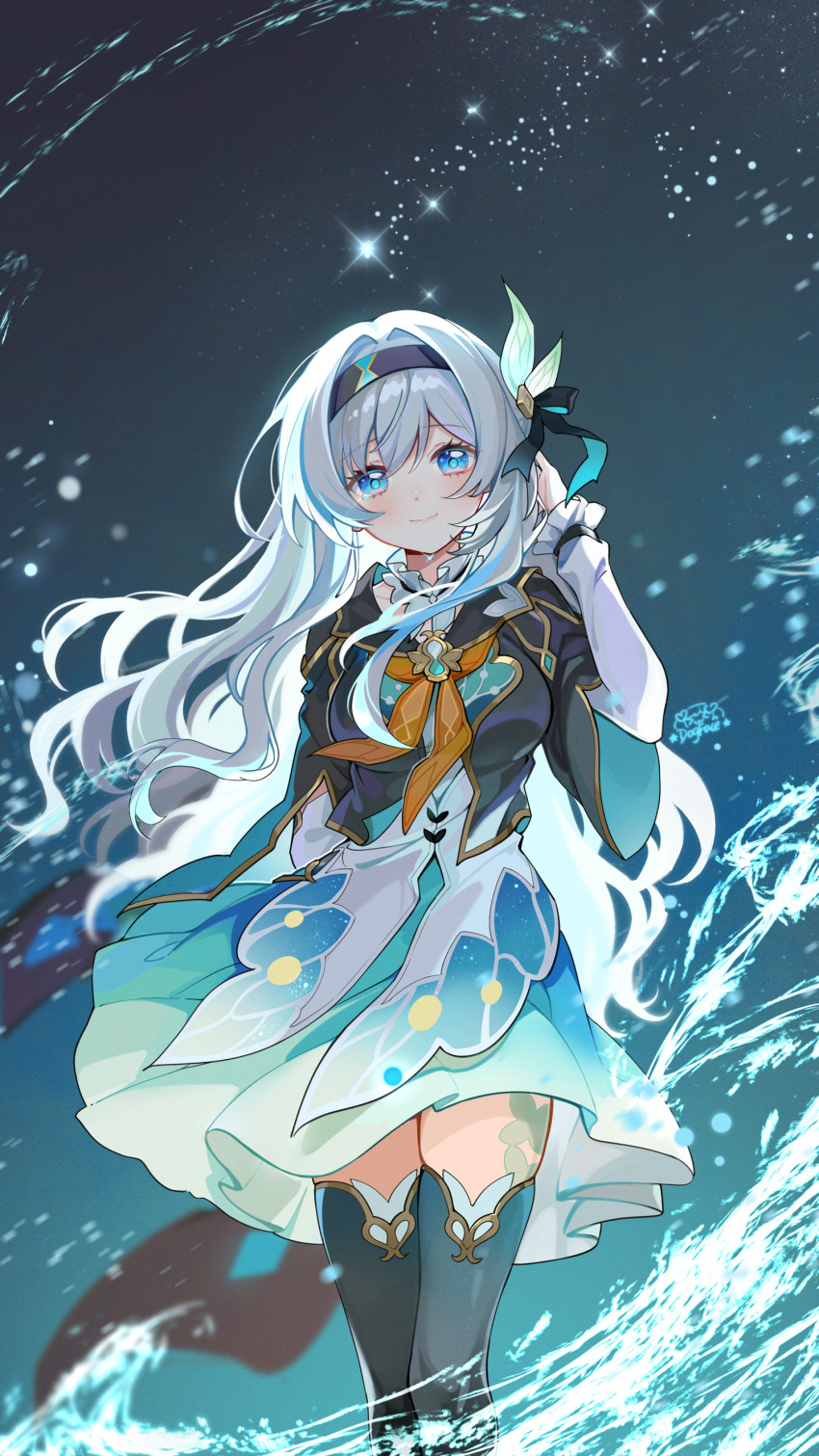 1girl absurdres aqua_jacket aqua_skirt black_hairband black_jacket black_thighhighs blue_eyes closed_mouth commentary_request cropped_jacket feet_out_of_frame firefly_(honkai:_star_rail) frilled_sleeves frills gou_lianlian_dogface grey_hair hair_intakes hairband hand_up highres honkai:_star_rail honkai_(series) jacket long_hair looking_at_viewer neckerchief orange_neckerchief shirt skindentation skirt smile solo thighhighs two-sided_fabric two-sided_jacket very_long_hair water white_shirt wide_sleeves