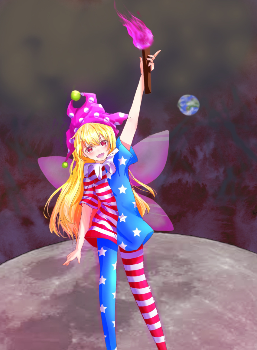 1girl american_flag american_flag_print arms_up blonde_hair clownpiece earth_(planet) fire flag_print hat highres holding holding_torch jester_cap jester_costume long_hair looking_at_viewer moon open_mouth planet purple_eyes purple_fire scenery shee_take solo space torch touhou