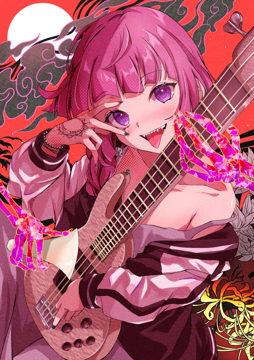 1girl ahoge akanbe black_nails blush bocchi_the_rock! braid cloud collarbone dress eyelid_pull flower guitar hair_over_shoulder hand_tattoo highres hiroi_kikuri holding holding_instrument instrument jacket kikugawa_roku long_hair looking_at_viewer multicolored_clothes multicolored_jacket multiple_bracelets off_shoulder purple_eyes purple_hair sharp_teeth single_bare_shoulder single_braid skeletal_arm solo strap_slip sun tattoo teeth tongue tongue_out two-tone_jacket v_over_eye white_dress