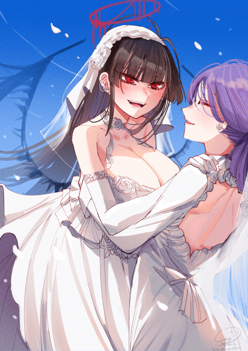 2girls :d backless_dress backless_outfit bare_shoulders black_hair black_wings blue_archive blue_sky breasts bridal_veil cleavage closed_eyes detached_sleeves dress earrings elbow_gloves female_sensei_(blue_archive) glasses gloves halo highres jewelry large_breasts liang_yuan long_hair multiple_girls open_mouth outdoors petals purple_hair red_eyes sensei_(blue_archive) sky smile tsurugi_(blue_archive) veil wedding_dress white_dress white_gloves wings yuri