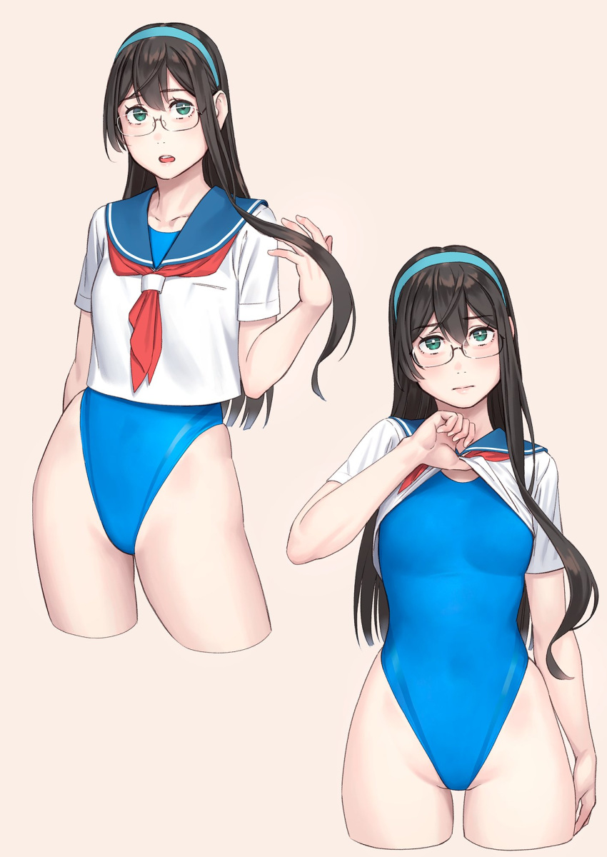 1girl black_hair blue_one-piece_swimsuit blue_sailor_collar breasts clothes_lift competition_swimsuit cowboy_shot cropped_legs glasses green_eyes green_hairband hairband highleg highleg_swimsuit highres kantai_collection lifted_by_self long_hair looking_at_viewer multiple_views neckerchief one-piece_swimsuit ooyodo_(kancolle) red_neckerchief sailor_collar sailor_shirt school_uniform semi-rimless_eyewear serafuku shirt shirt_lift simple_background small_breasts standing swimsuit swimsuit_under_clothes under-rim_eyewear white_background white_shirt yuuji_(and)