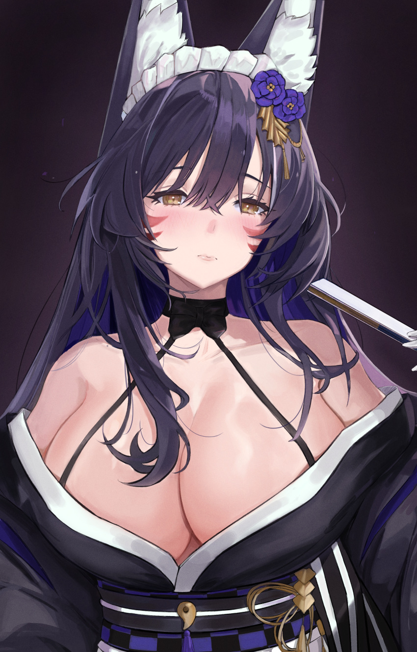 1girl absurdres animal_ear_fluff animal_ears azur_lane bare_shoulders black_kimono breasts cleavage facial_mark flower folding_fan fox_ears gloves hair_flower hair_ornament hand_fan highres holding holding_fan icee2 japanese_clothes kimono large_breasts long_hair looking_at_viewer magatama maid maid_headdress musashi_(azur_lane) musashi_(violet_moonglow)_(azur_lane) official_alternate_costume purple_flower purple_hair simple_background solo very_long_hair wa_maid whisker_markings white_gloves yellow_eyes
