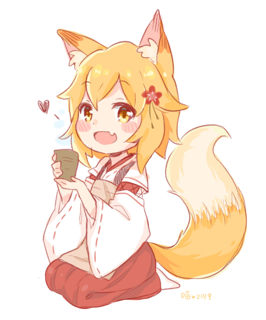 1girl animal_ear_fluff animal_ears apron blonde_hair flower fox_ears fox_girl fox_tail hair_between_eyes hair_flower hair_ornament highres japanese_clothes looking_at_viewer open_mouth senko_(sewayaki_kitsune_no_senko-san) sewayaki_kitsune_no_senko-san short_hair smile solo tail tea wide_sleeves yellow_eyes