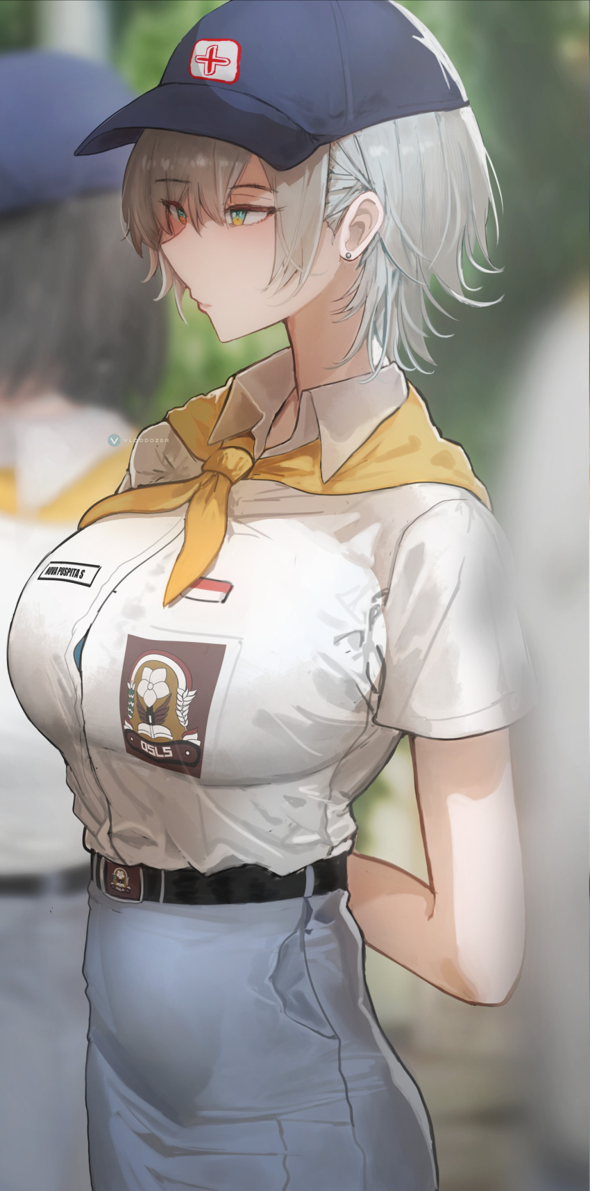 1girl absurdres artist_logo belt black_belt blue_headwear blue_skirt blurry blurry_foreground breasts closed_mouth collared_shirt commentary_request earrings green_eyes grey_hair hat highres indonesian_commentary indonesian_flag indonesian_high_school_uniform jewelry large_breasts neckerchief original school_uniform shirt short_hair short_sleeves sidelocks skirt solo standing upper_body vloodozer white_shirt yellow_neckerchief