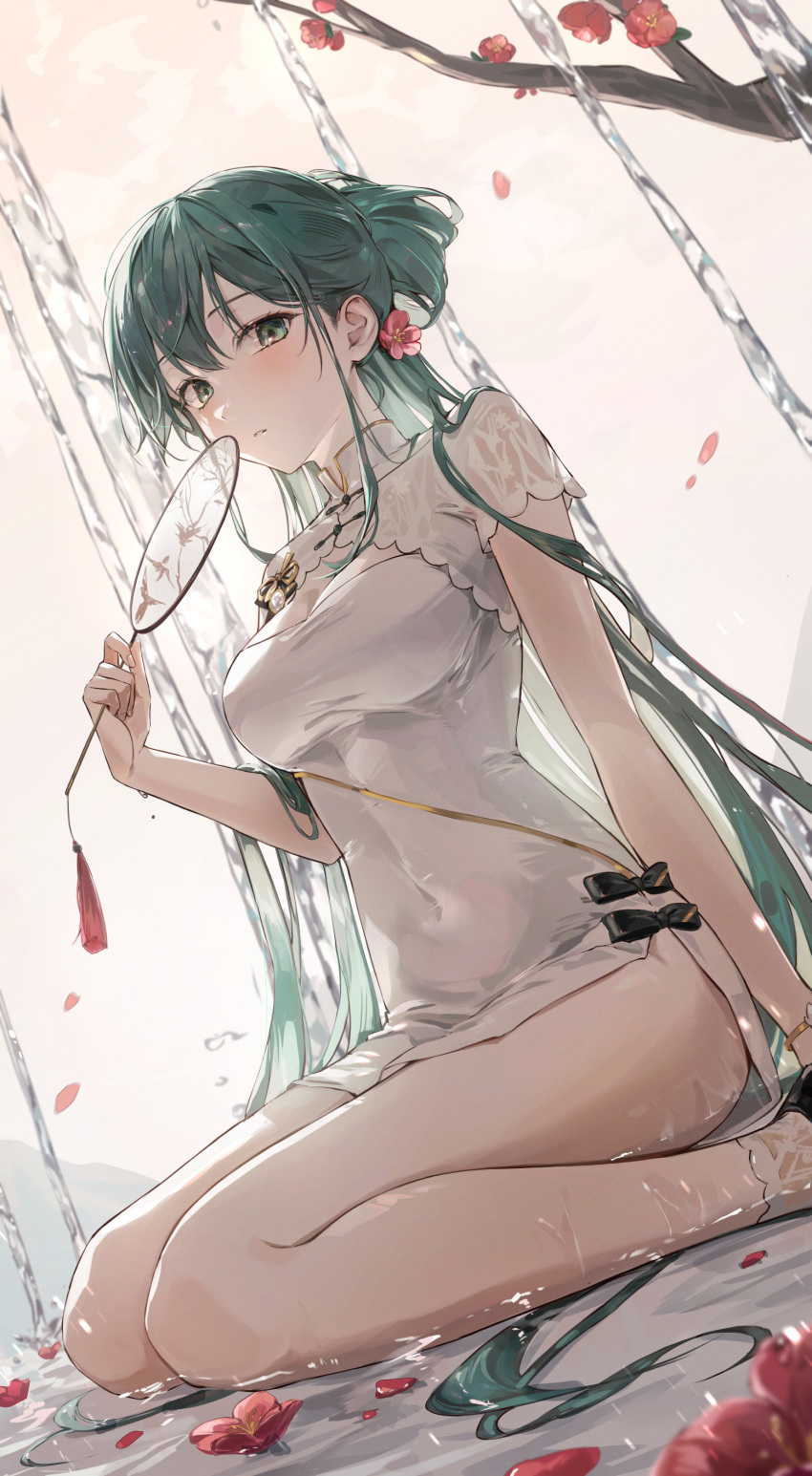 1girl absurdres bare_legs blurry bracelet breasts china_dress chinese_clothes cleavage covered_navel depth_of_field dress dutch_angle ekina_(1217) flower green_eyes green_hair hair_flower hair_ornament half_updo hand_fan hatsune_miku highres holding holding_fan jewelry long_hair looking_at_viewer medium_breasts no_panties paper_fan parted_lips pelvic_curtain petals shaohua_hatsune_miku short_dress short_sleeves shrug_(clothing) sidelocks sitting socks solo thighs very_long_hair vocaloid water wet white_dress white_socks