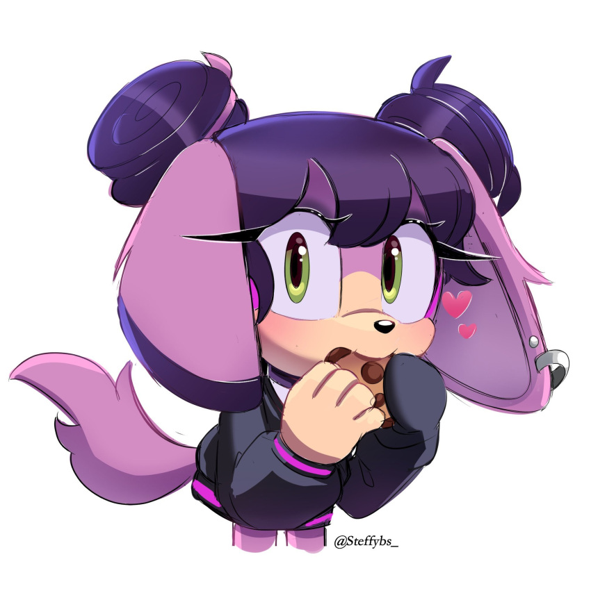 1girl animal_ear_piercing animal_ears artist_name black_jacket charu_the_dog chocolate_chip_cookie cookie dog_ears dog_tail double_bun food furry furry_female green_eyes hair_bun heart highres holding holding_food jacket looking_at_viewer original purple_fur purple_hair short_hair simple_background solo sonic_(series) steffybs tail white_background