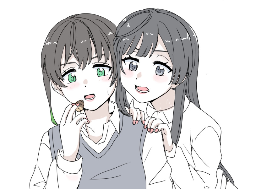 2girls black_hair collared_shirt food food_request green_eyes green_hair grey_eyes grey_vest hands_on_another's_shoulders highres holding holding_food long_hair long_sleeves looking_down love_live! love_live!_nijigasaki_high_school_idol_club majime_na_gakuinsei medium_hair multiple_girls open_mouth shirt sidelocks sweatdrop takasaki_yuu twintails upper_body vest white_background white_shirt yuuki_setsuna_(love_live!)