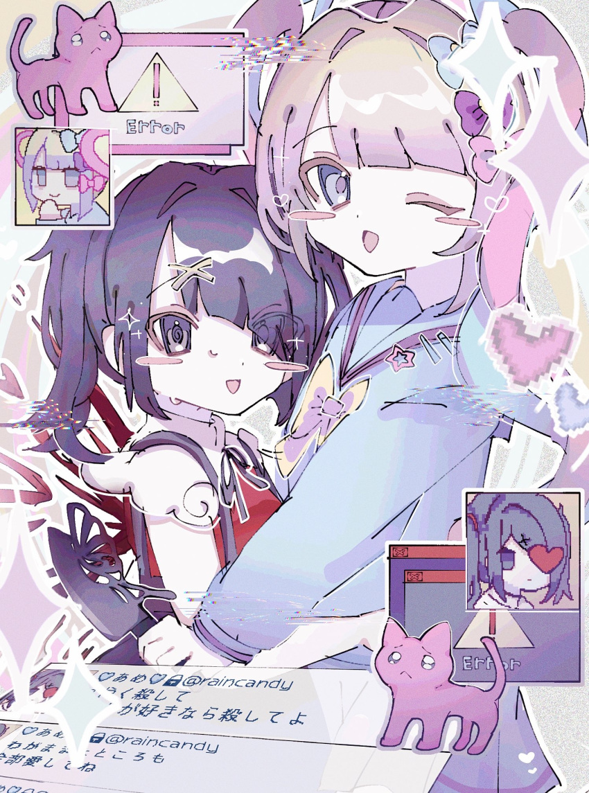 2girls :d ;d ame-chan_(needy_girl_overdose) black_hair black_ribbon blonde_hair blue_bow blue_eyes blue_hair blue_shirt blunt_bangs blush blush_stickers bow cat chibi chibi_inset chouzetsusaikawa_tenshi-chan collared_shirt commentary_request dual_persona glitch hair_bow hair_ornament hair_over_one_eye heart highres hug long_hair long_sleeves looking_at_viewer multicolored_hair multiple_girls neck_ribbon needy_girl_overdose one_eye_closed open_mouth pien_cat_(needy_girl_overdose) pink_bow pink_hair purple_bow quad_tails red_shirt ribbon sabanose shirt sign skirt smile sparkle standing suspender_skirt suspenders twintails warning_sign window_(computing) x_hair_ornament